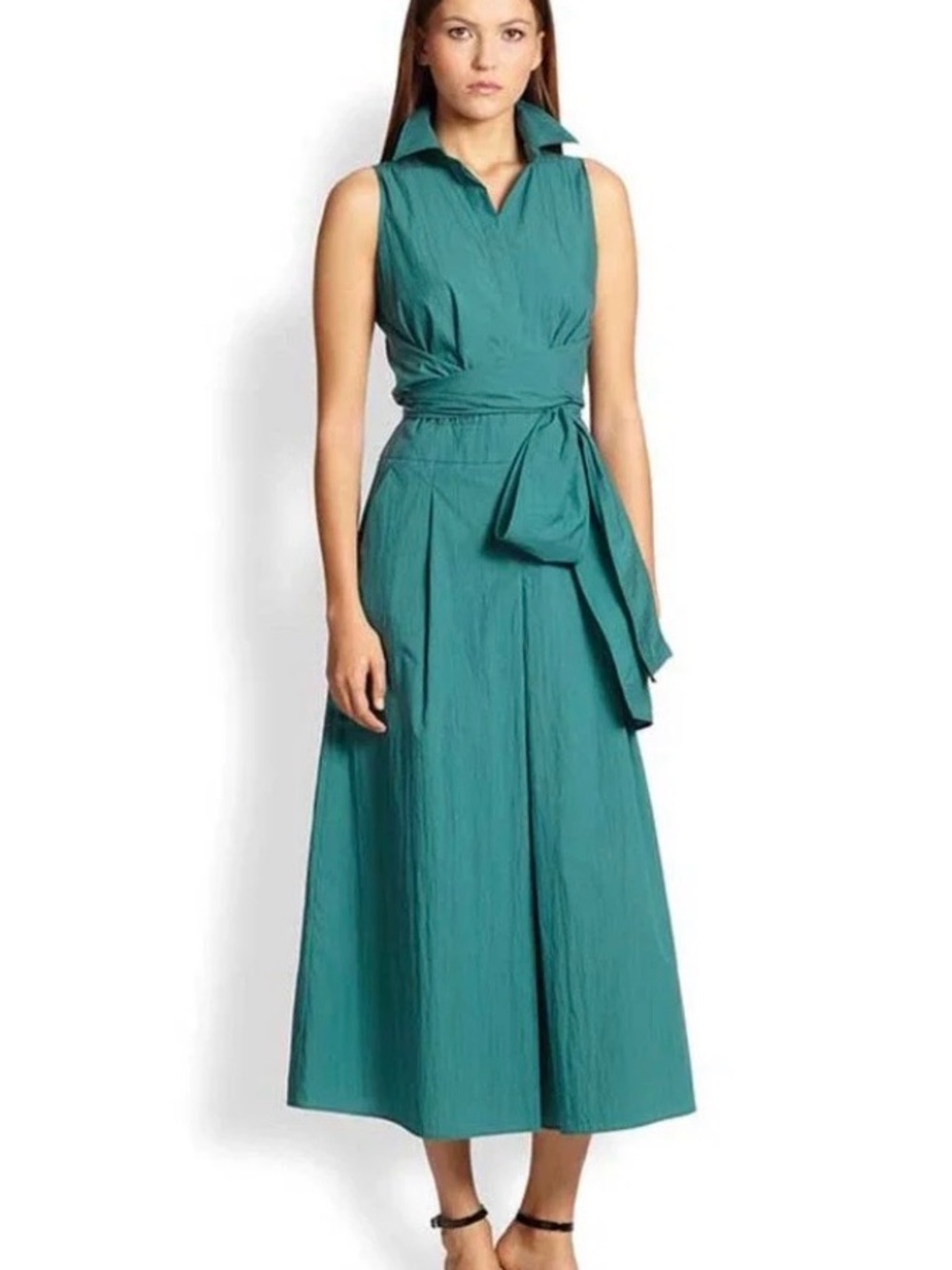 MaxMara Teal Sleeveless Collared Tie-Waist Maxi Dress